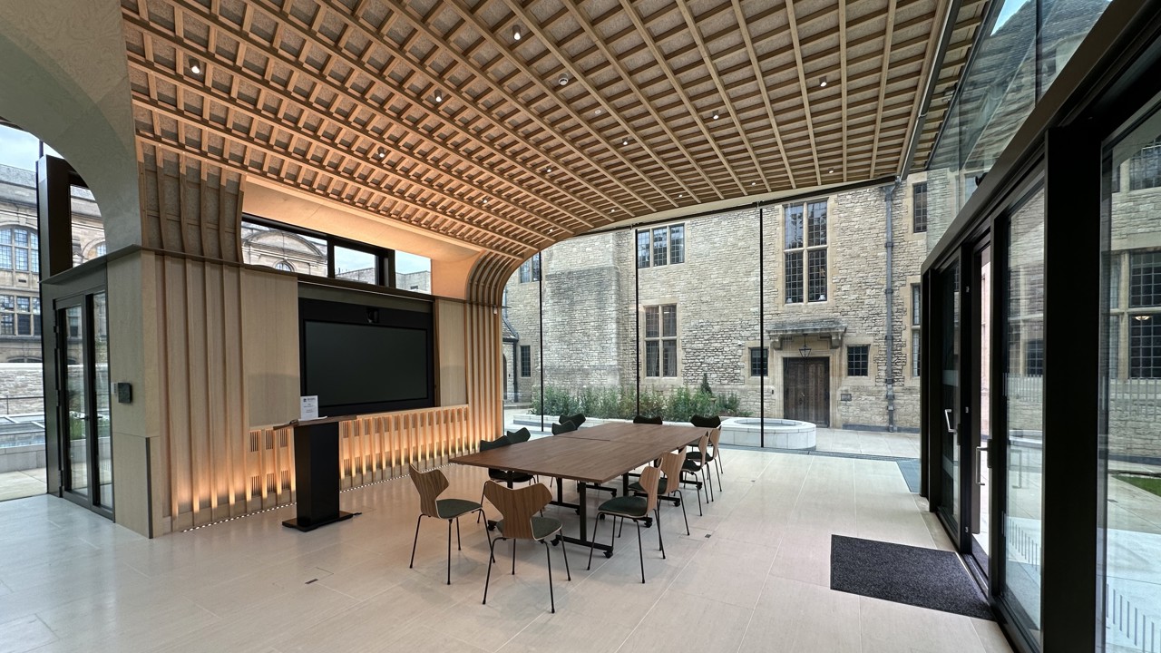 Inside view of the Glass Pavilion with boardroom table.